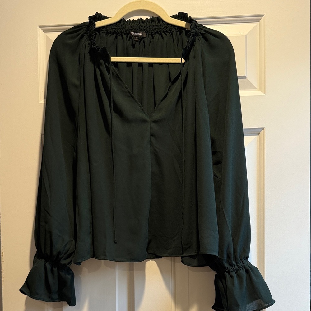 Madewell Dark Green Tie Neck Blouse with Ruffled sleeves